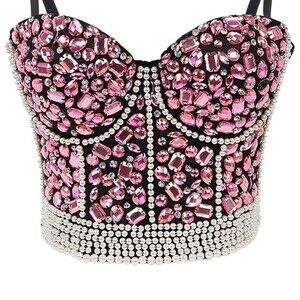 Women's Rhinestone Bead Bustier Crop Top Club Party Glitter Corset Top Bra